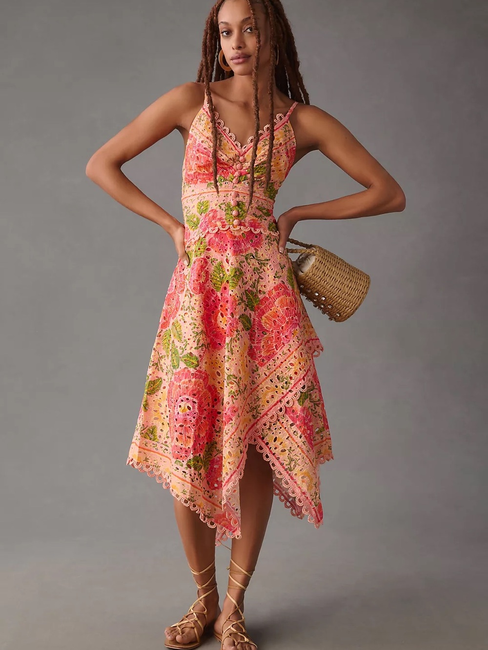 FARM Rio Pink & Peach Floral Handkerchief Midi Dress